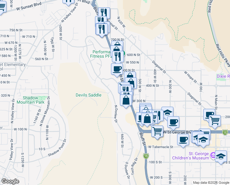 map of restaurants, bars, coffee shops, grocery stores, and more near 346 North Donlee Drive in St. George
