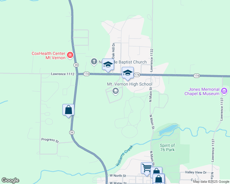 map of restaurants, bars, coffee shops, grocery stores, and more near 400 Missouri 174 in Mount Vernon