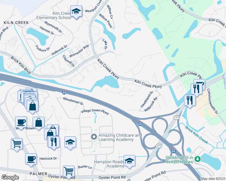 map of restaurants, bars, coffee shops, grocery stores, and more near 961 Nicklaus Drive in Newport News