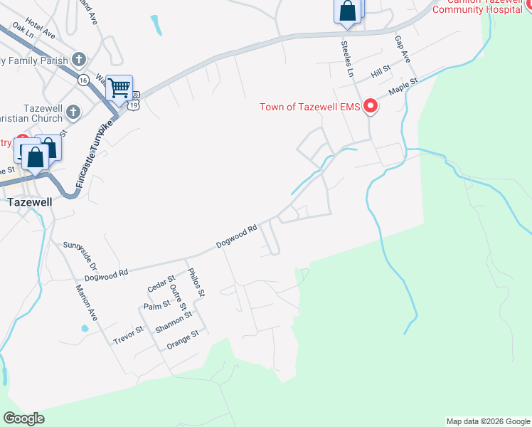 map of restaurants, bars, coffee shops, grocery stores, and more near 799 Dogwood Road in Tazewell