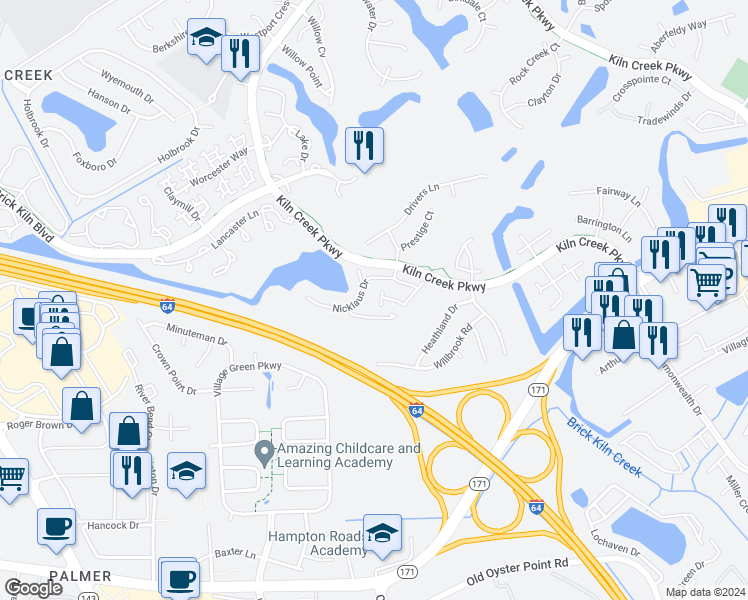 map of restaurants, bars, coffee shops, grocery stores, and more near 807 Player Lane in Newport News