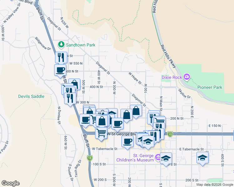 map of restaurants, bars, coffee shops, grocery stores, and more near 356 North 300 West in St. George