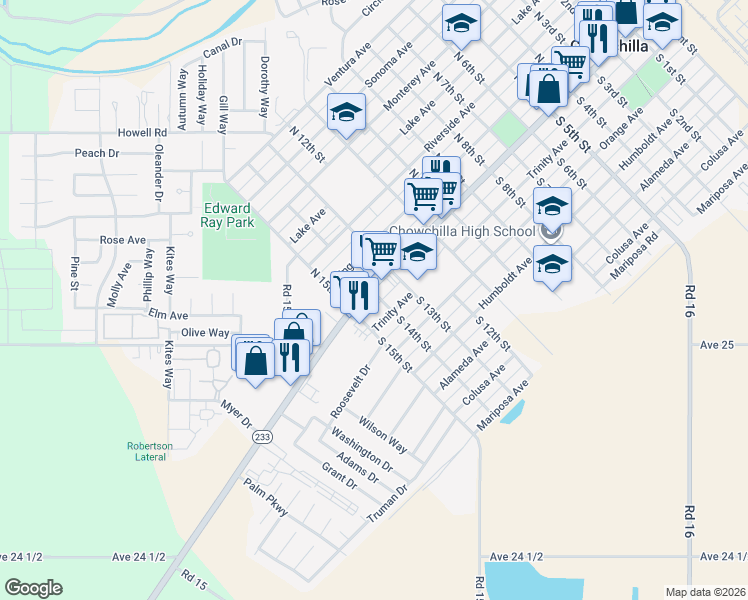 map of restaurants, bars, coffee shops, grocery stores, and more near 1347 West Robertson Boulevard in Chowchilla