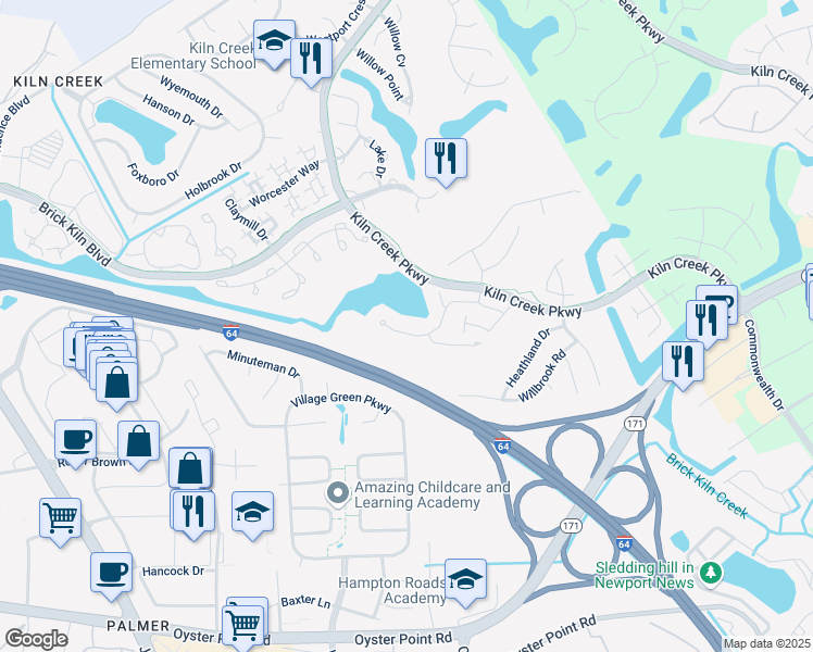 map of restaurants, bars, coffee shops, grocery stores, and more near 961 Nicklaus Drive in Newport News