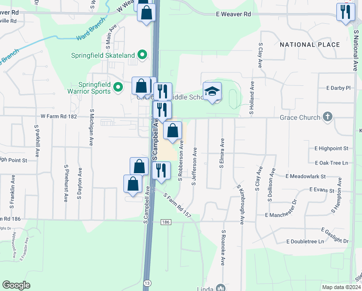 map of restaurants, bars, coffee shops, grocery stores, and more near 5520 South Robberson Avenue in Springfield