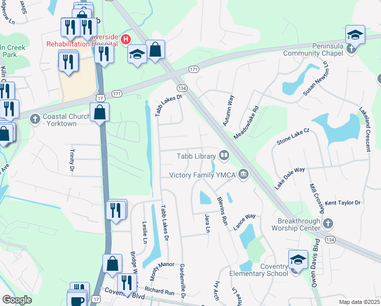 map of restaurants, bars, coffee shops, grocery stores, and more near 132 Tiger Paw Path in Yorktown