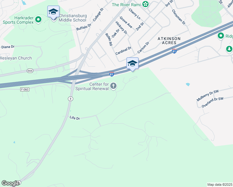 map of restaurants, bars, coffee shops, grocery stores, and more near 980 Life Drive in Christiansburg