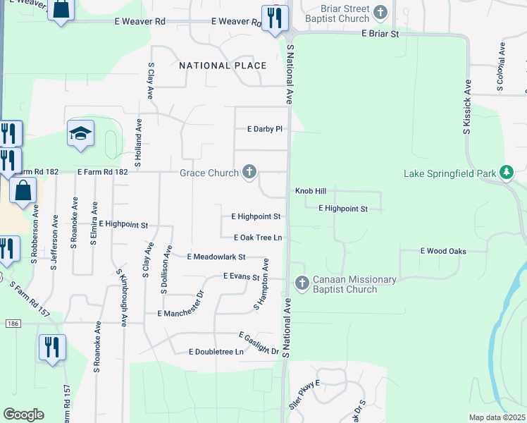 map of restaurants, bars, coffee shops, grocery stores, and more near 1129 East Highpoint Street in Springfield
