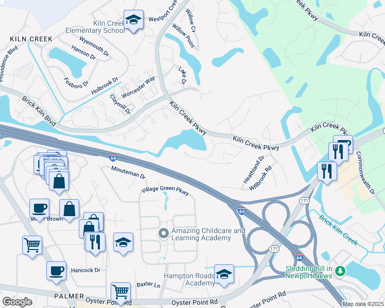 map of restaurants, bars, coffee shops, grocery stores, and more near 961 Nicklaus Drive in Newport News