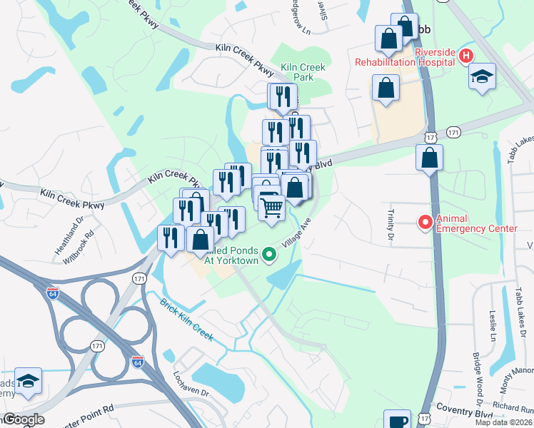 map of restaurants, bars, coffee shops, grocery stores, and more near 5007 Victory Boulevard in Yorktown