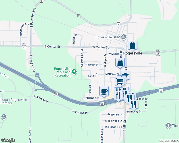 map of restaurants, bars, coffee shops, grocery stores, and more near 201 Glenn Street in Rogersville