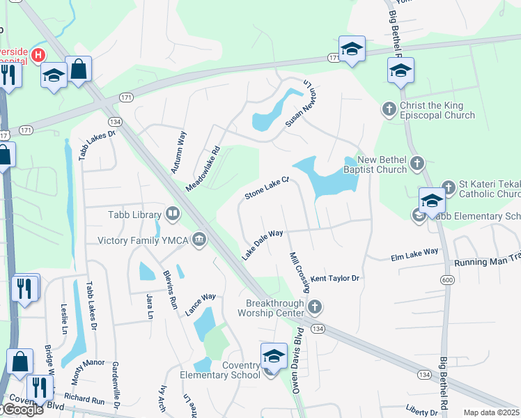 map of restaurants, bars, coffee shops, grocery stores, and more near 108 Cranwood Court in Yorktown