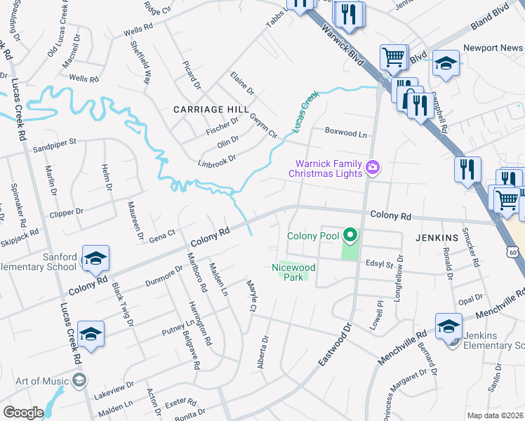 map of restaurants, bars, coffee shops, grocery stores, and more near 224 Colony Road in Newport News