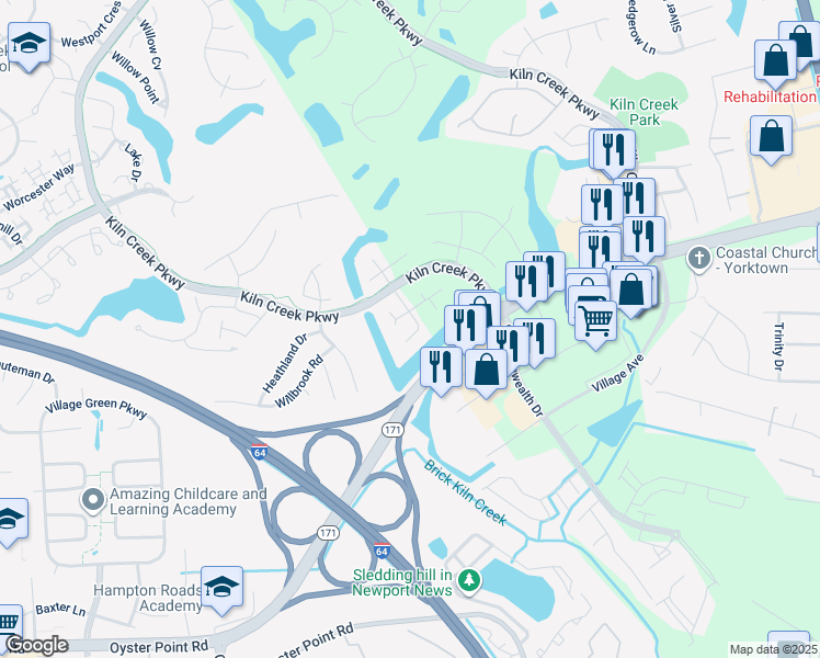 map of restaurants, bars, coffee shops, grocery stores, and more near 803 Sandy Bay Cove in Newport News