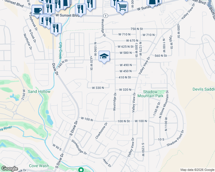 map of restaurants, bars, coffee shops, grocery stores, and more near 343 1490 West Street in St. George