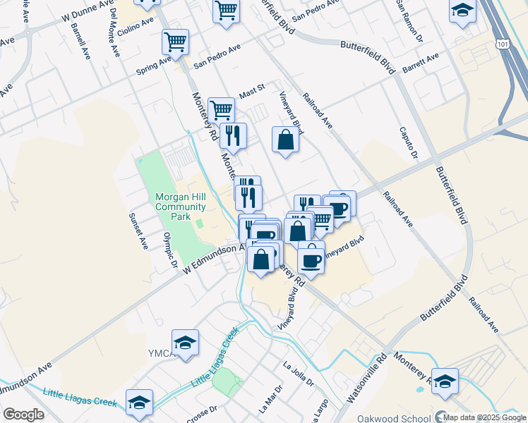 map of restaurants, bars, coffee shops, grocery stores, and more near 16125 Keith Way in Morgan Hill