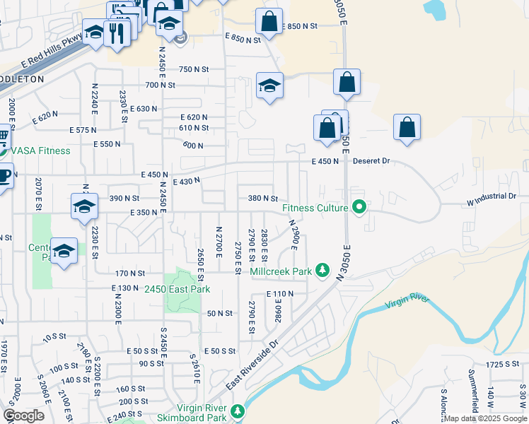 map of restaurants, bars, coffee shops, grocery stores, and more near 435 North 2830 East in St. George