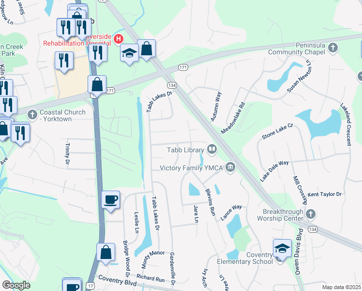 map of restaurants, bars, coffee shops, grocery stores, and more near 132 Tiger Paw Path in Yorktown