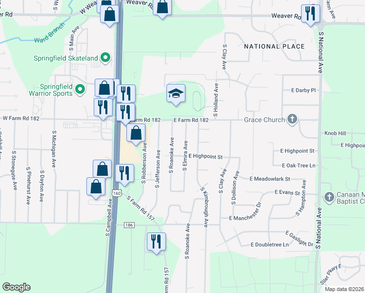 map of restaurants, bars, coffee shops, grocery stores, and more near 5503 South Elmira Avenue in Springfield