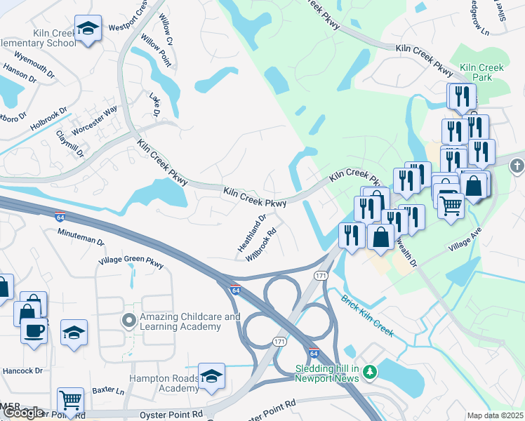 map of restaurants, bars, coffee shops, grocery stores, and more near 955 Heathland Drive in Newport News
