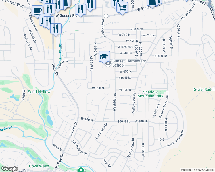 map of restaurants, bars, coffee shops, grocery stores, and more near 343 1490 West Street in St. George