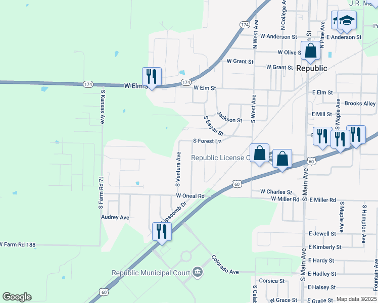 map of restaurants, bars, coffee shops, grocery stores, and more near 409 South Concordia Avenue in Republic