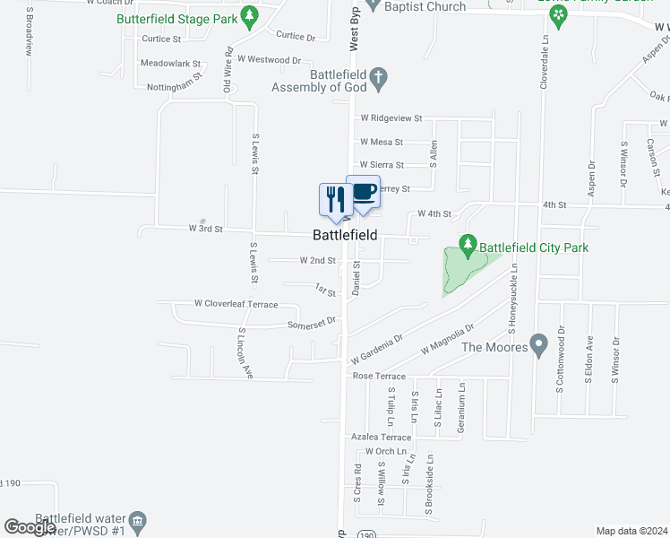 map of restaurants, bars, coffee shops, grocery stores, and more near 5505 South State Highway Ff in Battlefield