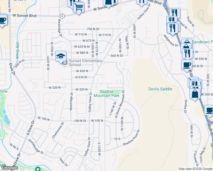 map of restaurants, bars, coffee shops, grocery stores, and more near 18 335 North in St. George
