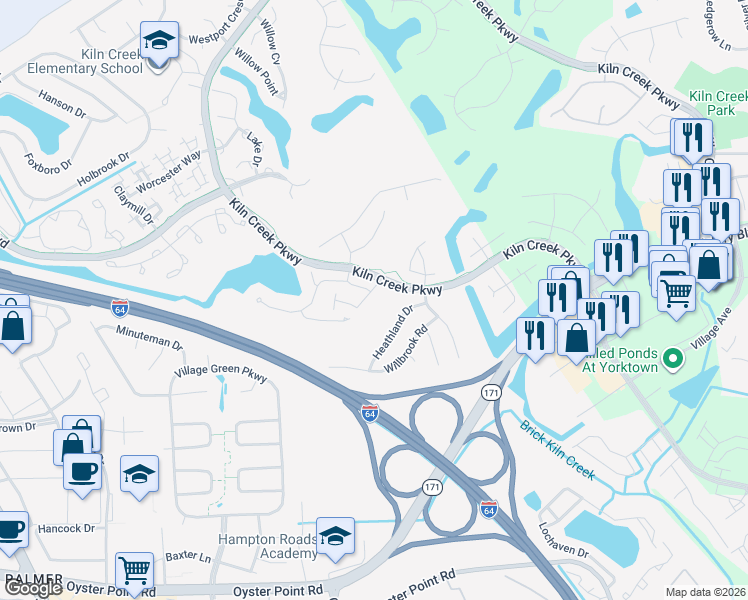 map of restaurants, bars, coffee shops, grocery stores, and more near 113 Watson Drive in Newport News