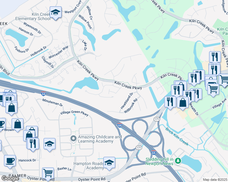 map of restaurants, bars, coffee shops, grocery stores, and more near 718 Casper Lane in Newport News