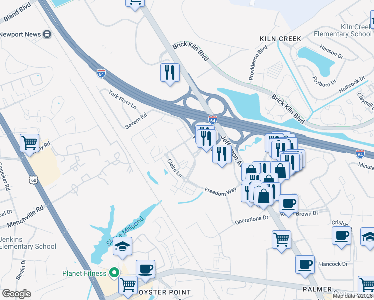 map of restaurants, bars, coffee shops, grocery stores, and more near 12365 Hornsby Ln in Newport News