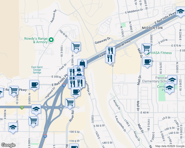 map of restaurants, bars, coffee shops, grocery stores, and more near 372 North Crest Line Circle in St. George