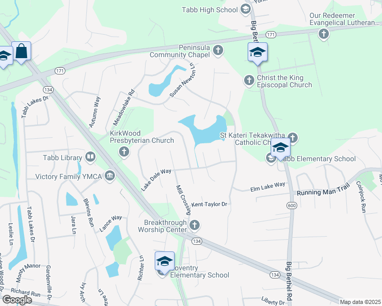 map of restaurants, bars, coffee shops, grocery stores, and more near 153 Stone Lake Court in Yorktown