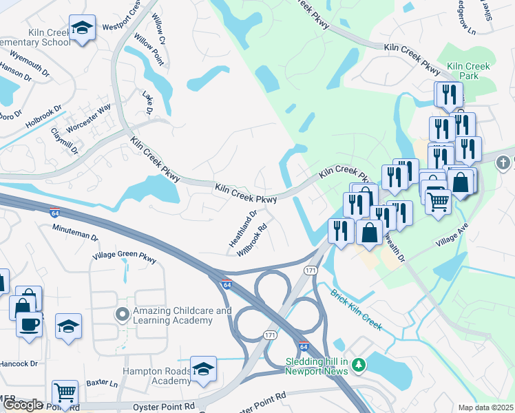 map of restaurants, bars, coffee shops, grocery stores, and more near 953 Heathland Drive in Newport News