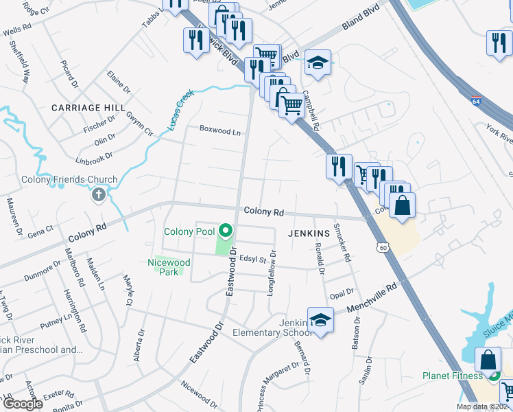 map of restaurants, bars, coffee shops, grocery stores, and more near 164 Colony Road in Newport News