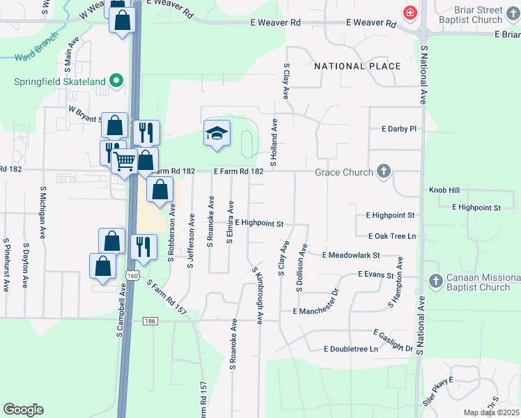 map of restaurants, bars, coffee shops, grocery stores, and more near 5502 South Kimbrough Avenue in Springfield