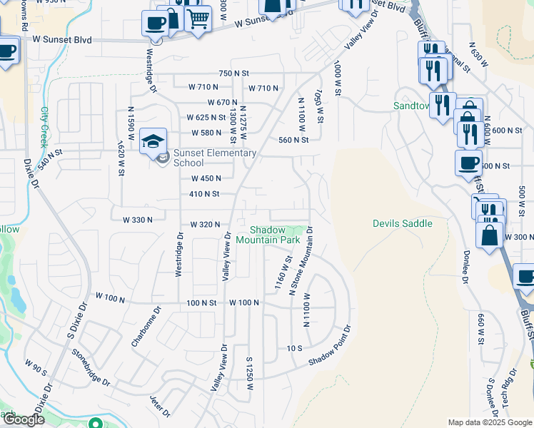 map of restaurants, bars, coffee shops, grocery stores, and more near 18 335 North in St. George