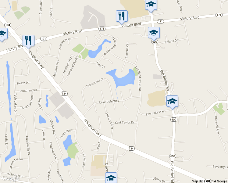 map of restaurants, bars, coffee shops, grocery stores, and more near 153 Stone Lake Court in Yorktown