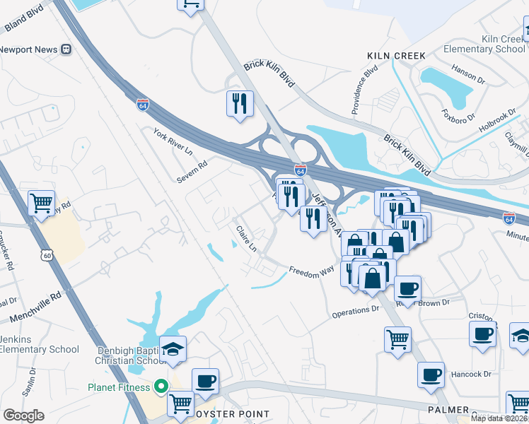 map of restaurants, bars, coffee shops, grocery stores, and more near 12365 Hornsby Ln in Newport News