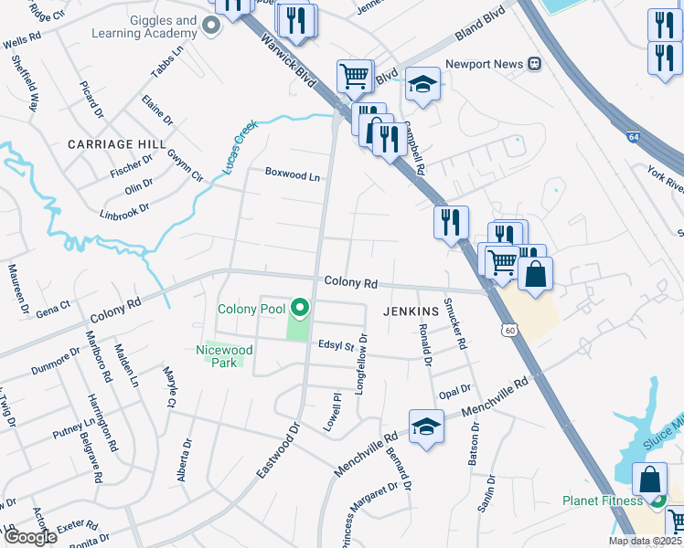 map of restaurants, bars, coffee shops, grocery stores, and more near 164 Colony Road in Newport News