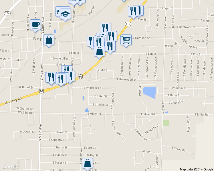 map of restaurants, bars, coffee shops, grocery stores, and more near 565 East Primrose Lane in Republic