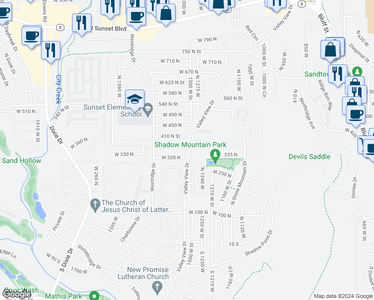 map of restaurants, bars, coffee shops, grocery stores, and more near 1315 West 360 North in St. George