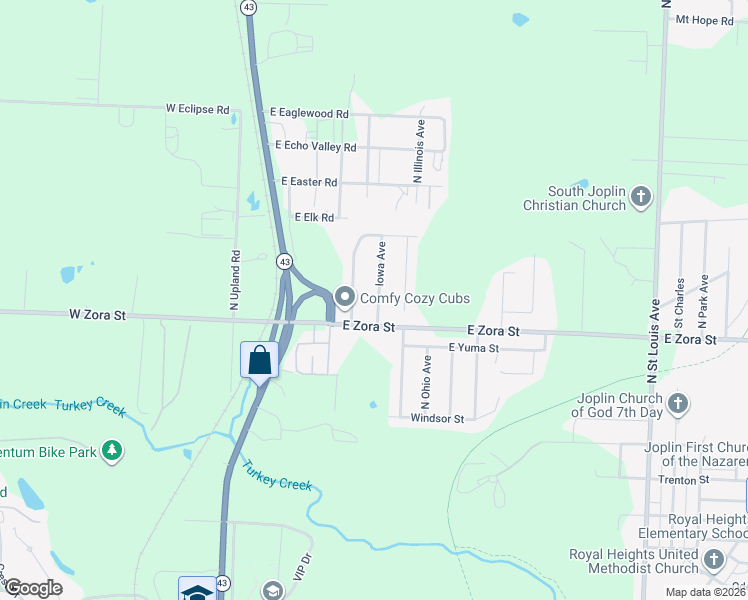 map of restaurants, bars, coffee shops, grocery stores, and more near 2728 Iowa Avenue in Joplin