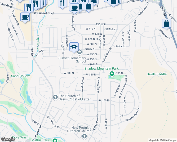 map of restaurants, bars, coffee shops, grocery stores, and more near 1407 West 360 North in St. George