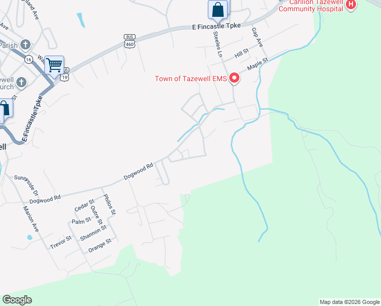 map of restaurants, bars, coffee shops, grocery stores, and more near 229 Deer Ridge Trail in Tazewell