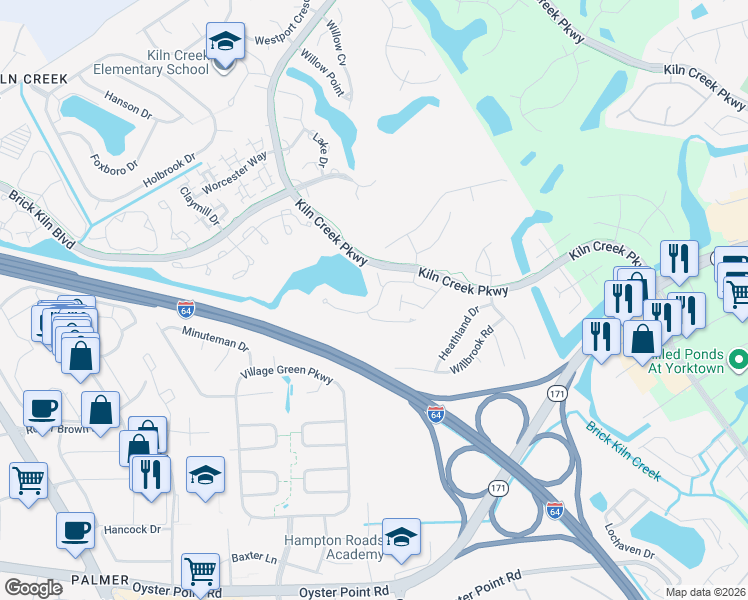 map of restaurants, bars, coffee shops, grocery stores, and more near 929 Nicklaus Drive in Newport News