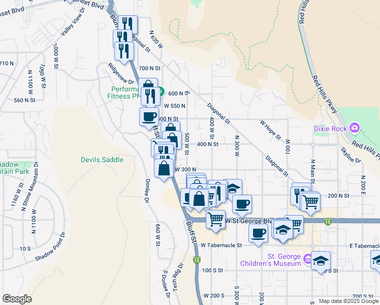map of restaurants, bars, coffee shops, grocery stores, and more near 366 500 West Street in St. George