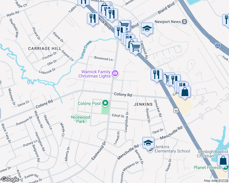 map of restaurants, bars, coffee shops, grocery stores, and more near 400 Eastwood Drive in Newport News