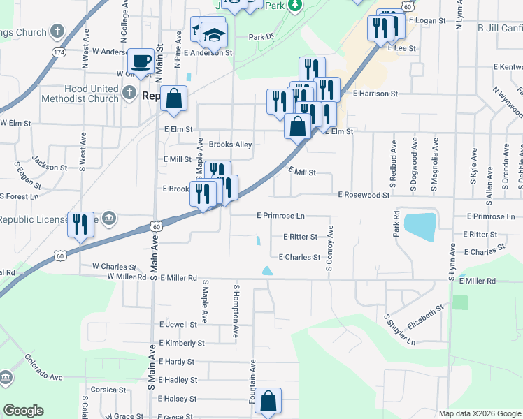 map of restaurants, bars, coffee shops, grocery stores, and more near 421 East Primrose Lane in Republic