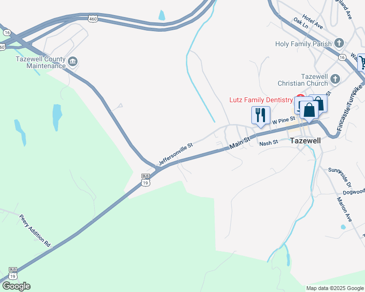 map of restaurants, bars, coffee shops, grocery stores, and more near 404 West Fincastle Turnpike in Tazewell